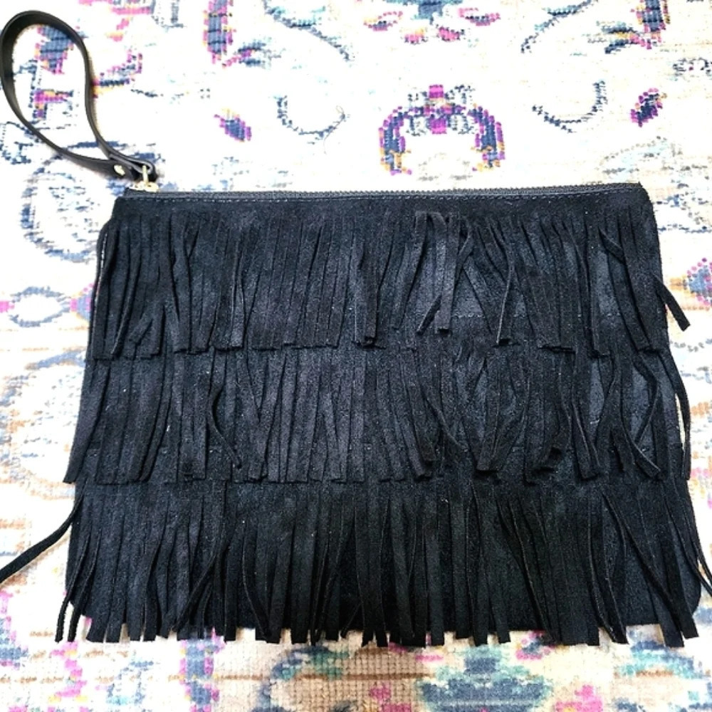 Western Style Fringe Black Clutch Wristlet Purse